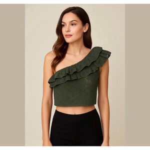 Zara RUFFLED ASYMMETRIC TOP BLACK EYELET Size L